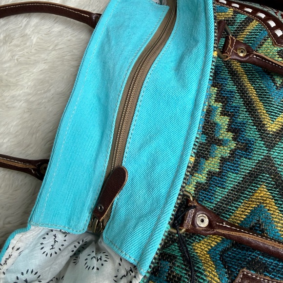 NWT Myra Curation Tote Bag Cotton Leather Turquoise Blue Brown Western Aztec - Picture 6 of 11